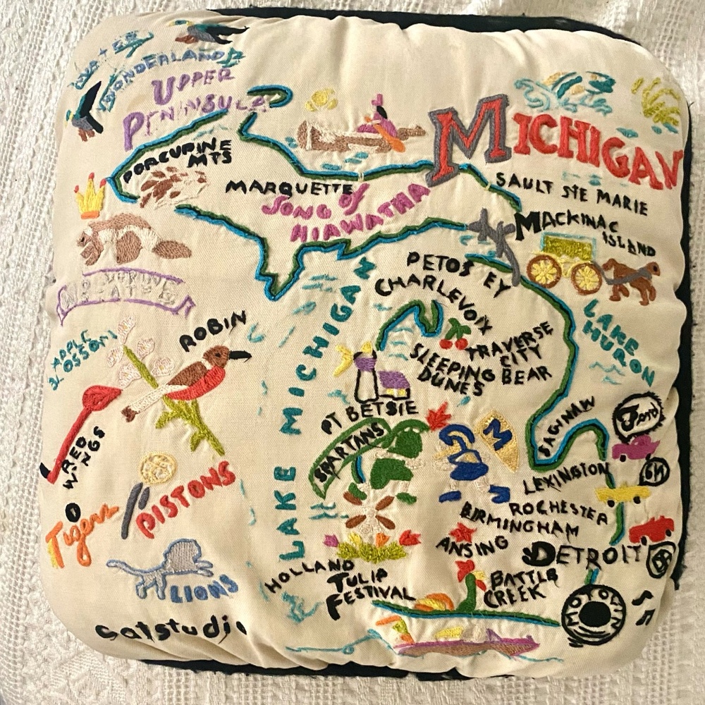Catstudio State of Michigan Embroidered Cotton Vintage Pillow